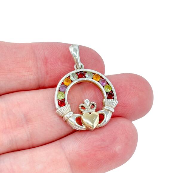 Vintage Irish Claddagh Pendant | Sterling Silver 925 14K Multi Colored Gemstones - Picture 1 of 13